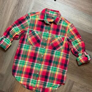 Lauren Ralph Lauren Top Womens Petite Small Red Green Plaid Roll-Tab Button Down